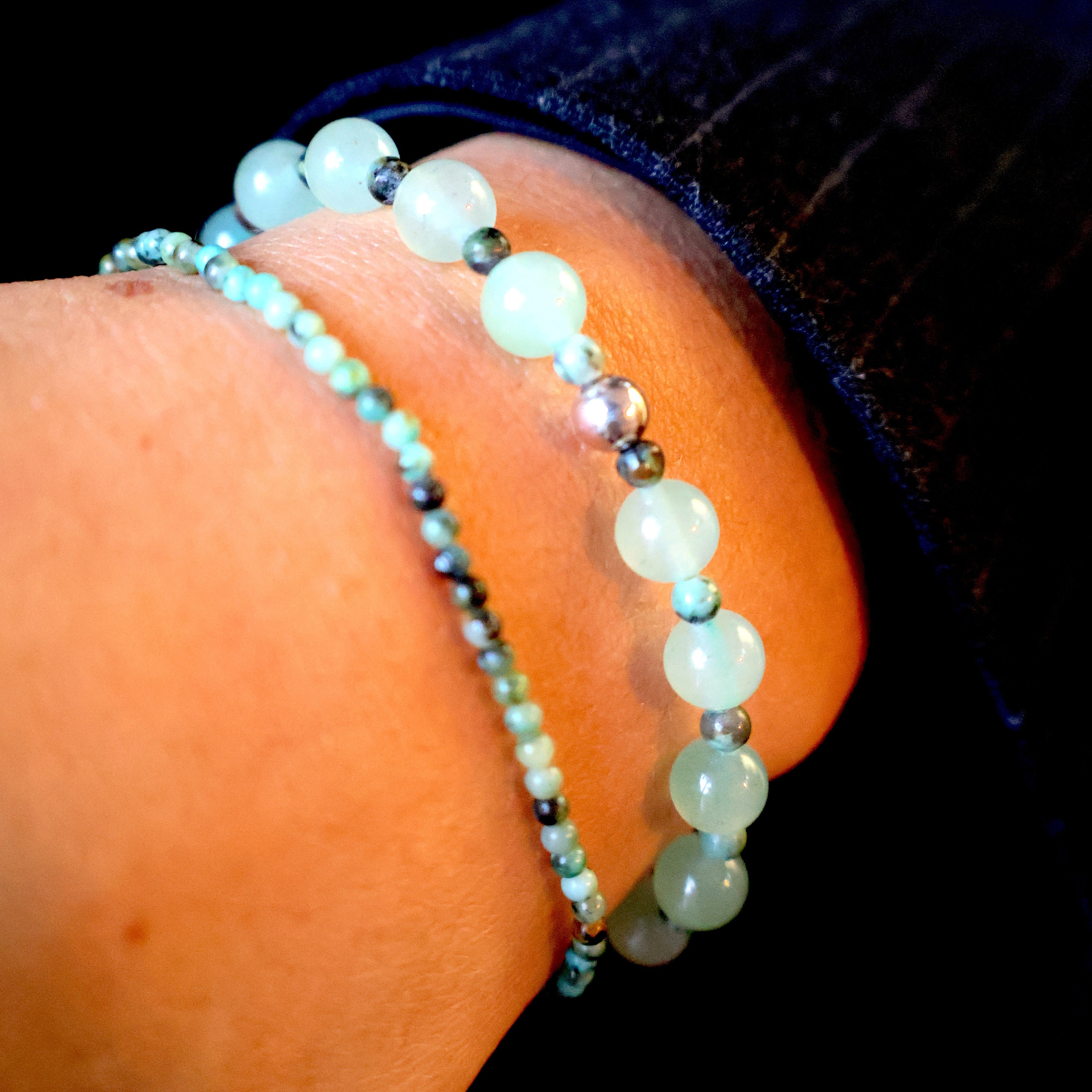 armband van aventurijn, afrikaans turkoois en sterling zilveren kralen