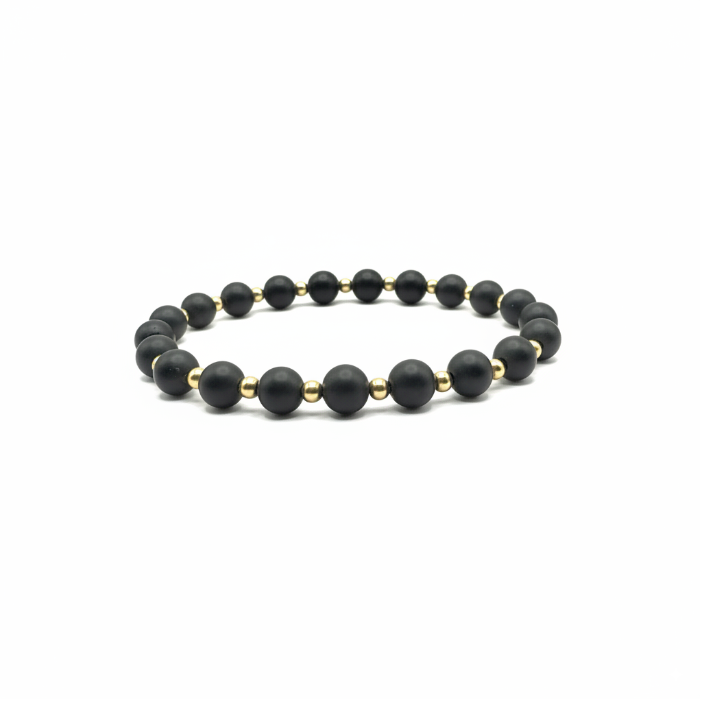 armband met zwarte matte onyx mat afgewisseld met goldfilled kralen