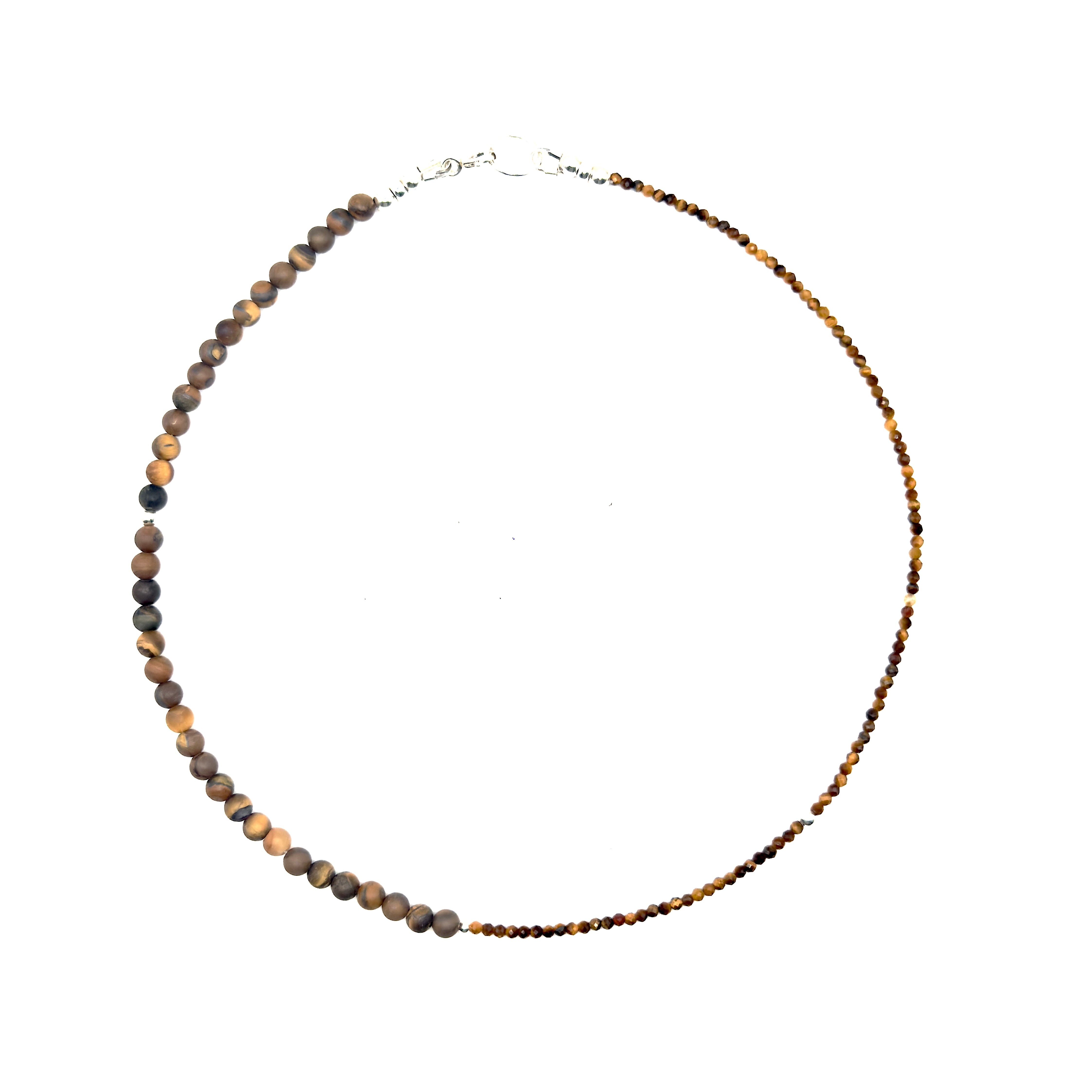 ketting van matte en facet geslepen tijgeroog en zilveren kralen