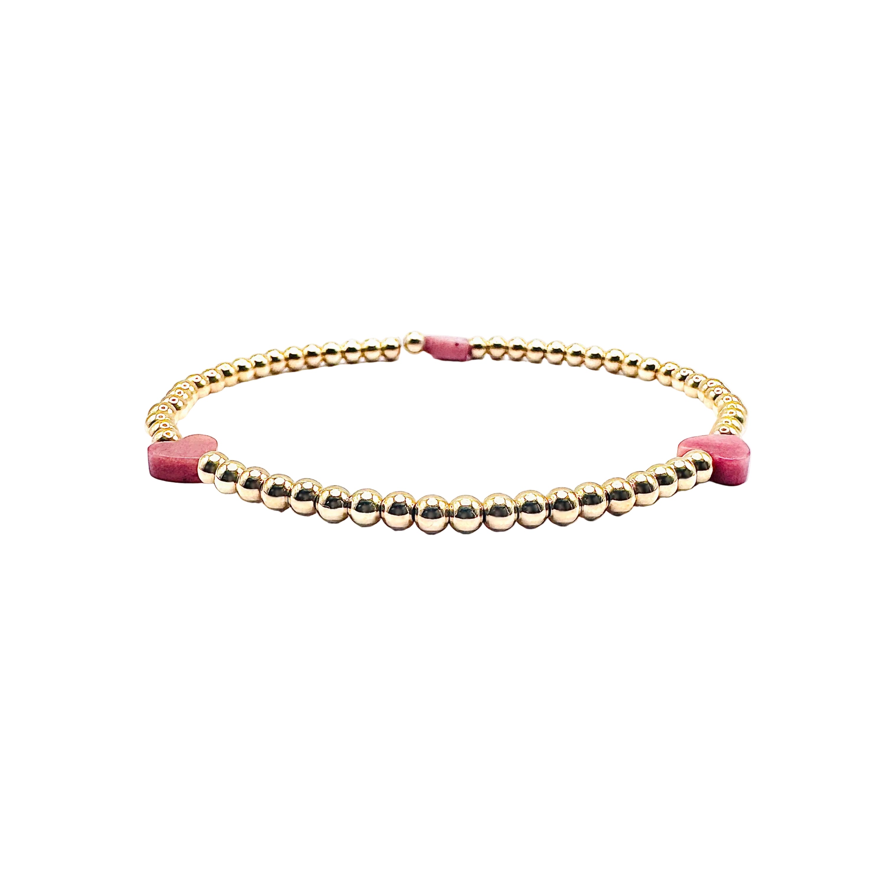 armband van goldfilled kralen met natuursteen roze hartjes
